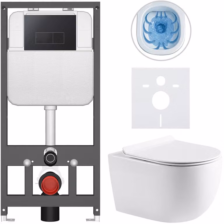 CERANO - Set WC da incasso Felci - bianco lucido - pulsante Prime/Modulo, nero - sospeso - installazione pre-parete/cartongesso - 53x37 cm