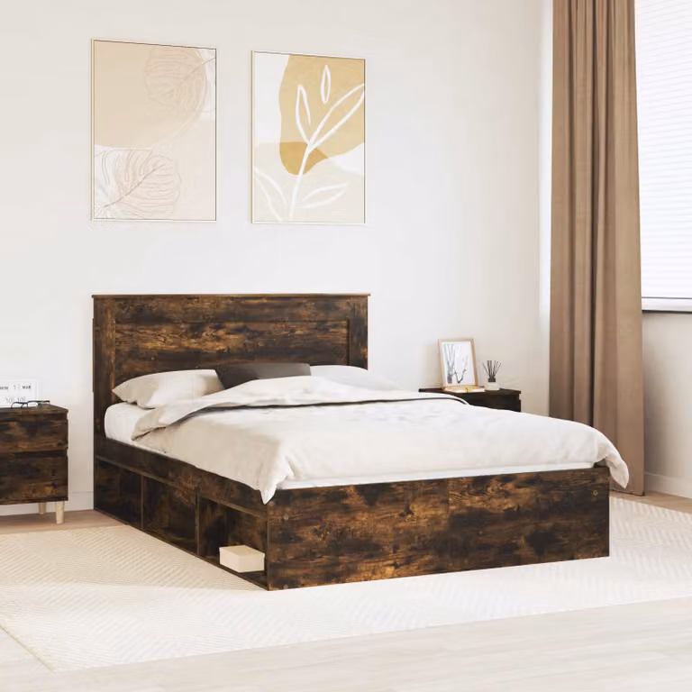 Struttura del letto moderna vidaXL in legno e MDF con doghe rigide, colore Rovere Fumo, L/P/H: 150 x 200 x 153 cm