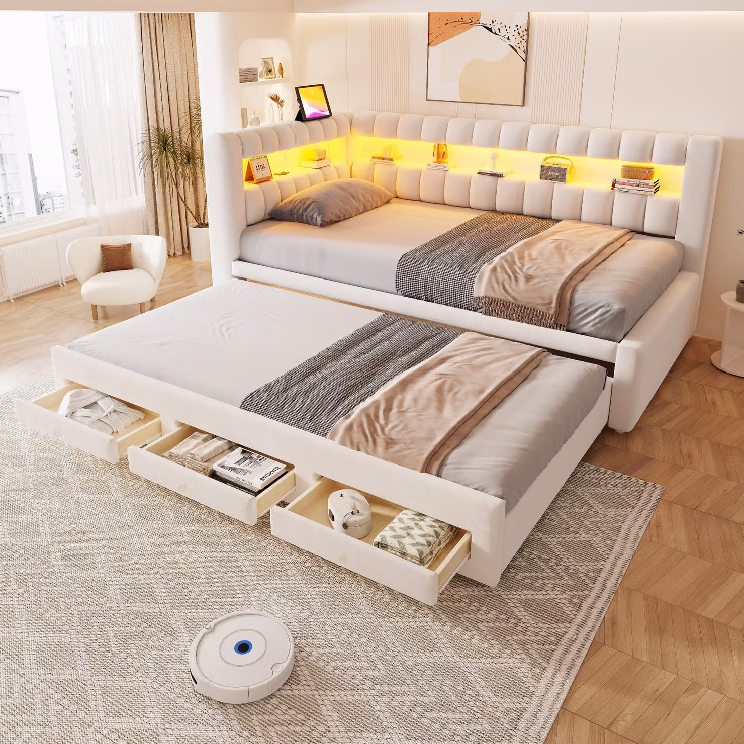 Divano letto Flieks 90x190 cm con letto estraibile, divano giorno con cassetti, letto imbottito per ragazzi con USB e porta di tipo C, divano letto in pelle, velluto, beige