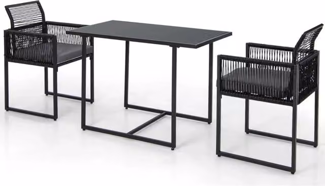Set da pranzo moderno composto da 3 sedie e 1 tavolo rettangolare in rattan PE e vetro, colore nero e grigio, L/P/H: 108 x 60 x 72 cm