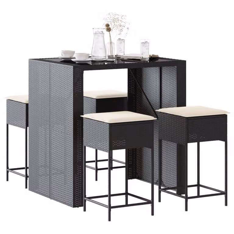 Set Bar da Giardino vidaXL in Polyrattan e Metallo Nero con Cuscini e Tavolo in Vetro, 5 Pezzi