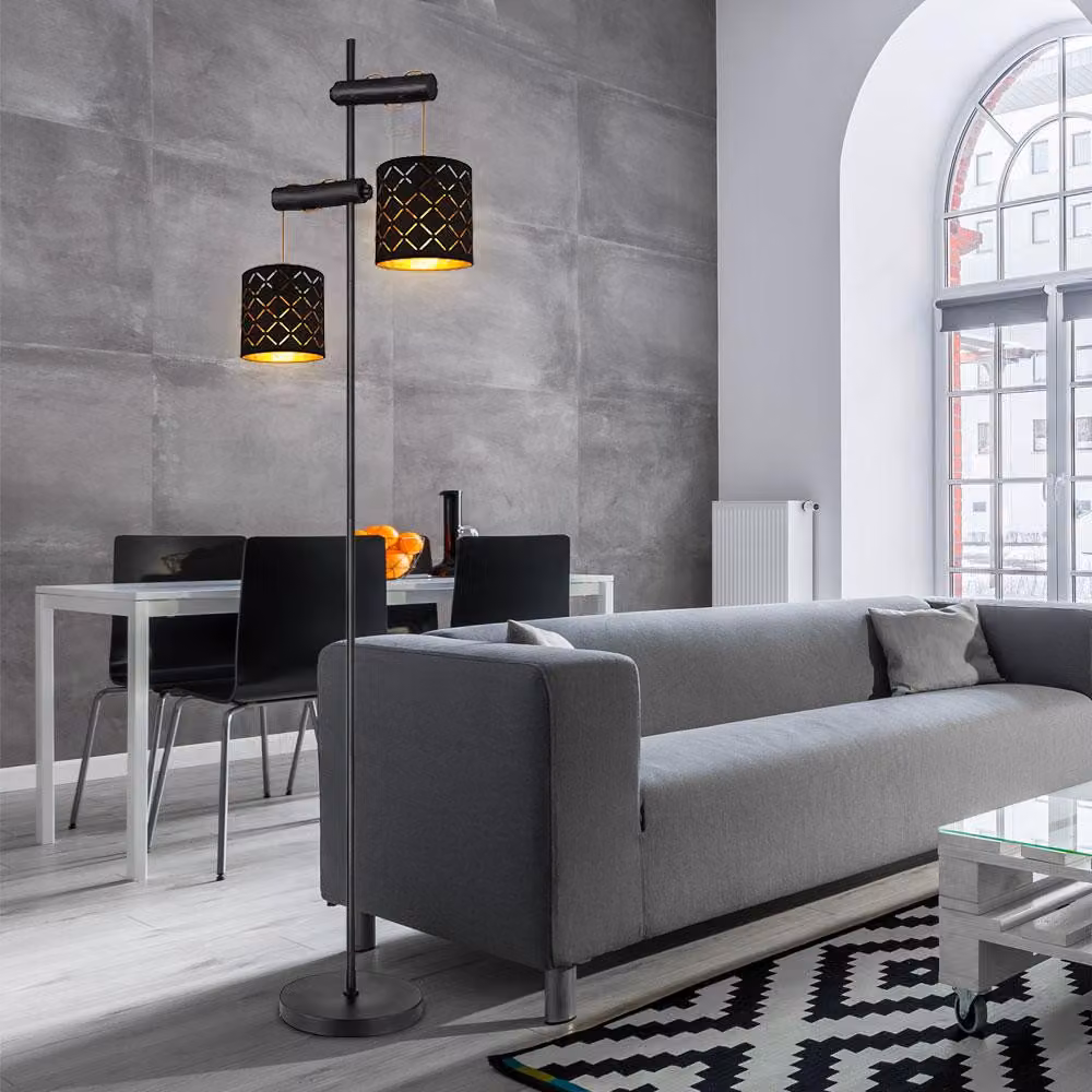 Lampada da terra, struttura in metallo, paralume in tessuto, altezza regolabile, colore nero e oro