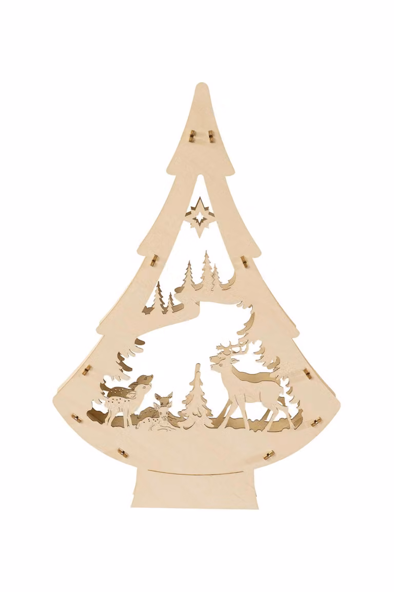 Albero di luci a LED "Cervi nel bosco", alimentato a batteria con timer. Dimensioni: 20,5 x 30 x 4 cm. Nuovo