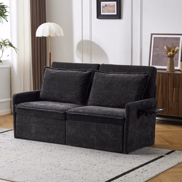 Divano con funzione letto, cuscini, porta USB, 3-in-1, schienale regolabile in 5 posizioni, pieghevole, spazio contenitivo, tessuto in chenille. L3