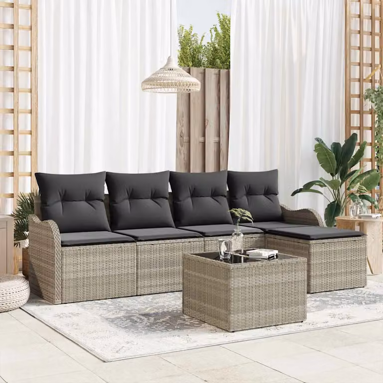 Set Divano da Giardino vidaXL 6 pz a Forma a L Grigio con Cuscini e Tavolino in Polyrattan e Metallo