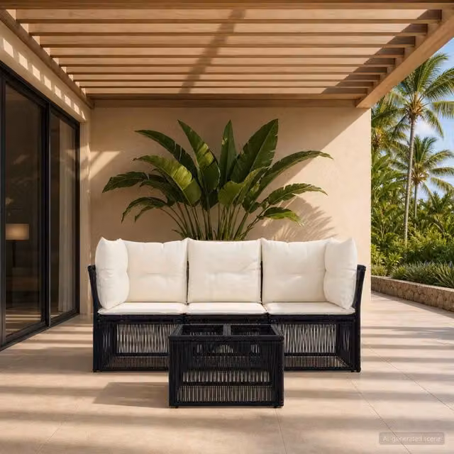 Set da giardino vidaXL a 4 pezzi in rattan nero con divano a L, poltrone e tavolino da esterno con cuscini inclusi
