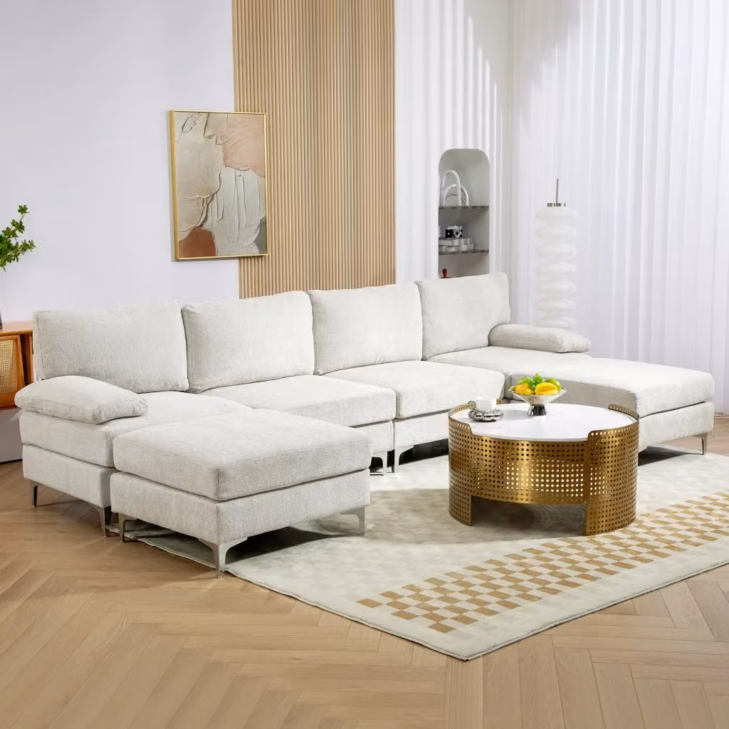 Divano componibile modulare a L GIORDANOSHOP in tessuto bianco, moderno e reversibile, L 313 cm x P 149 cm x H 88 cm – 2