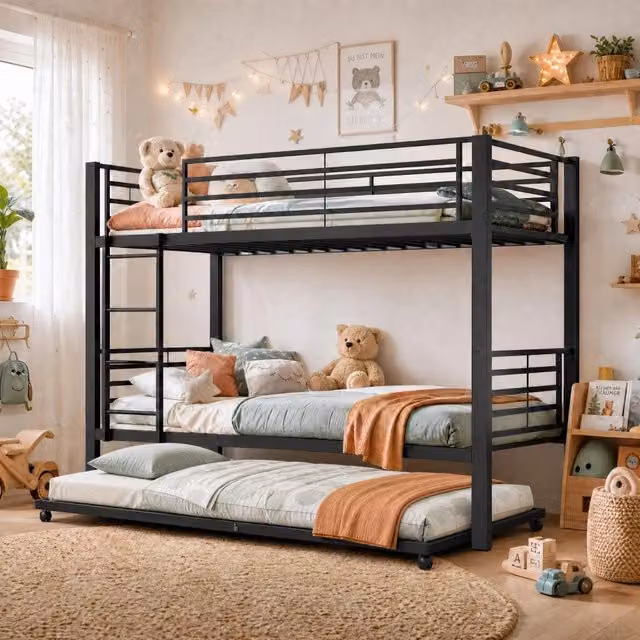 Letto a castello 90x200 cm con letto estraibile in metallo nero