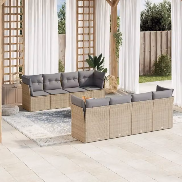 Set Divano da Giardino a L vidaXL in Polyrattan con Cuscini Beige e Grigio e Tavolino da Esterno
