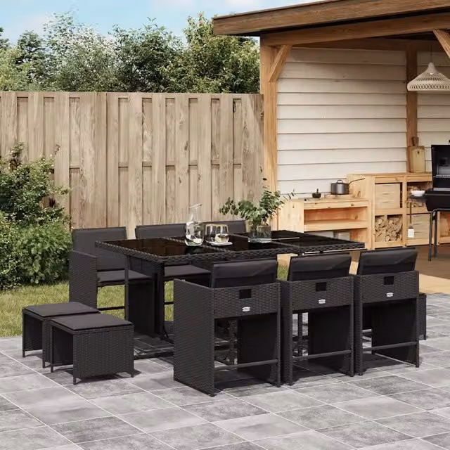 Set da Pranzo da Giardino 11 pz con Cuscini in Polyrattan Nero 3211147