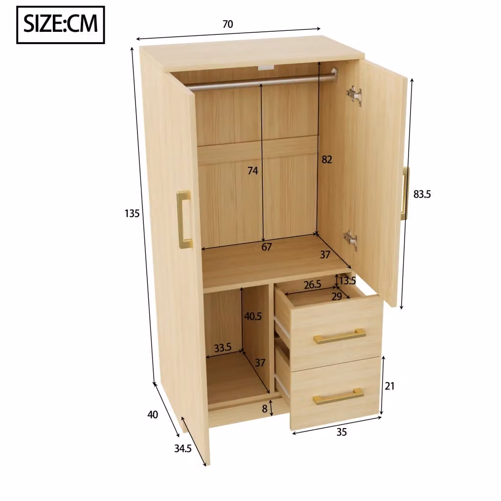 Armadio REDOM per cameretta bambini in legno con ante a battente e cassetti integrati, colore marrone e beige, L: 70 cm, P: 40 cm, H: 135 cm – 2