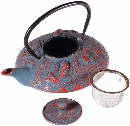 Teiera in ghisa La Chineuse con infusore, decorazione giapponese con carpe, Grigio e Rosso, Capacità 0,8 l