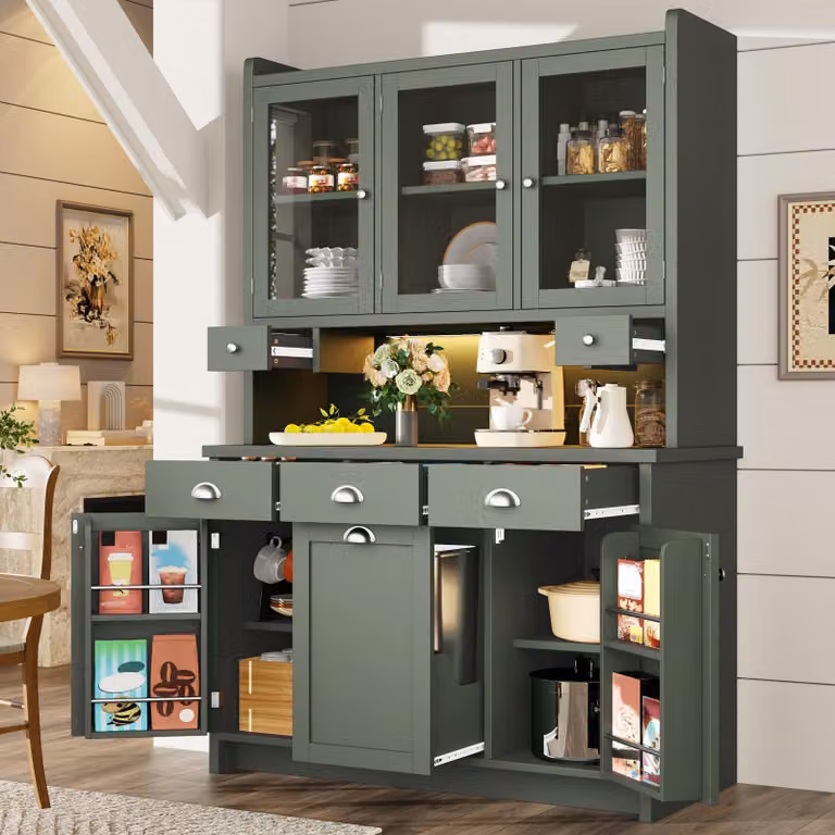 Mobile da cucina Flieks con illuminazione a LED controllabile tramite app, mobile da cucina con 3 ante in vetro e ampio spazio di stivaggio, credenza 120x40x180 cm, verde