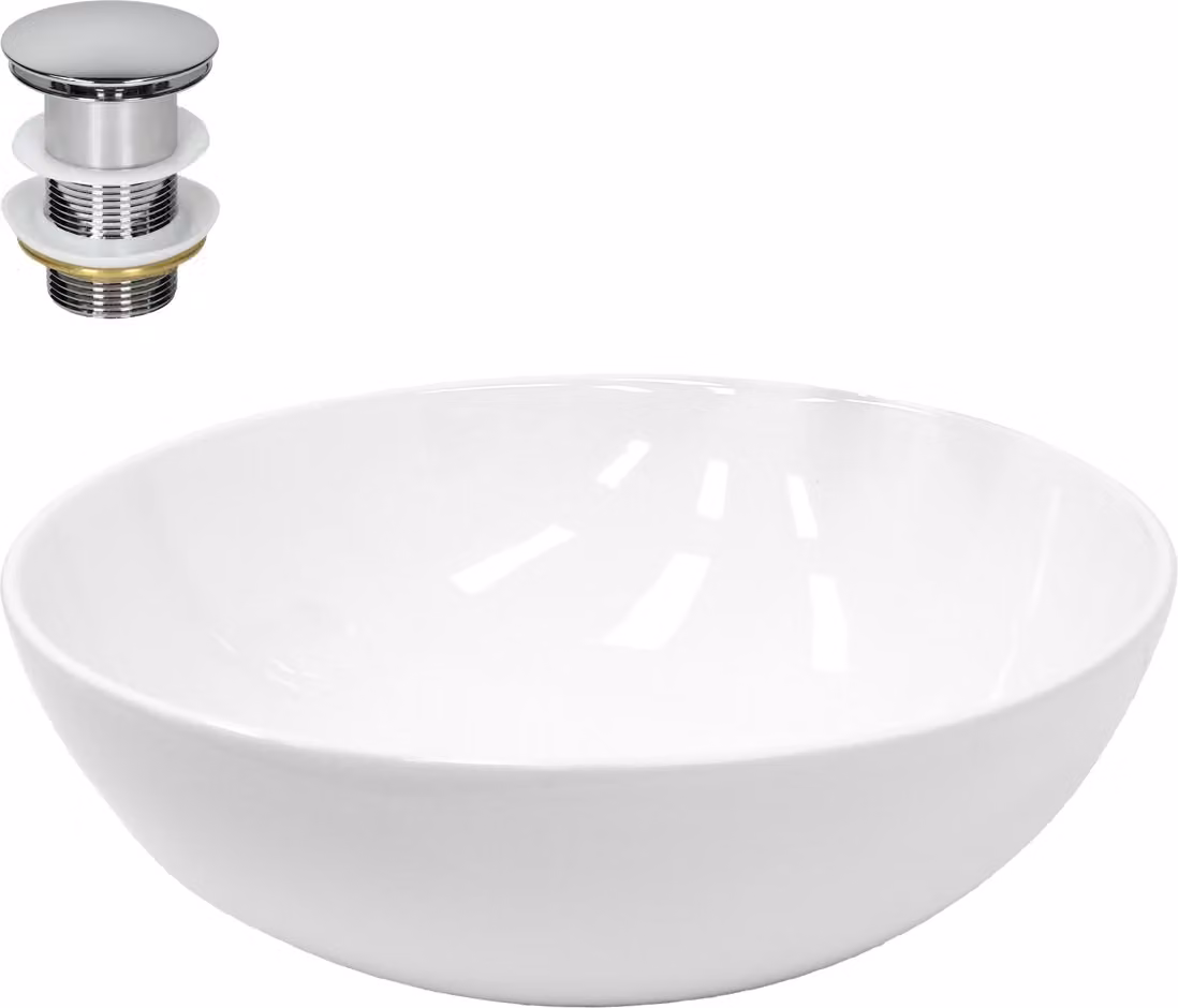 Lavabo LuxeBath Lavabo da appoggio rotondo, Ø 40x14,7 cm, bianco, in Vetroceramica, incl. set di scarico senza troppopieno