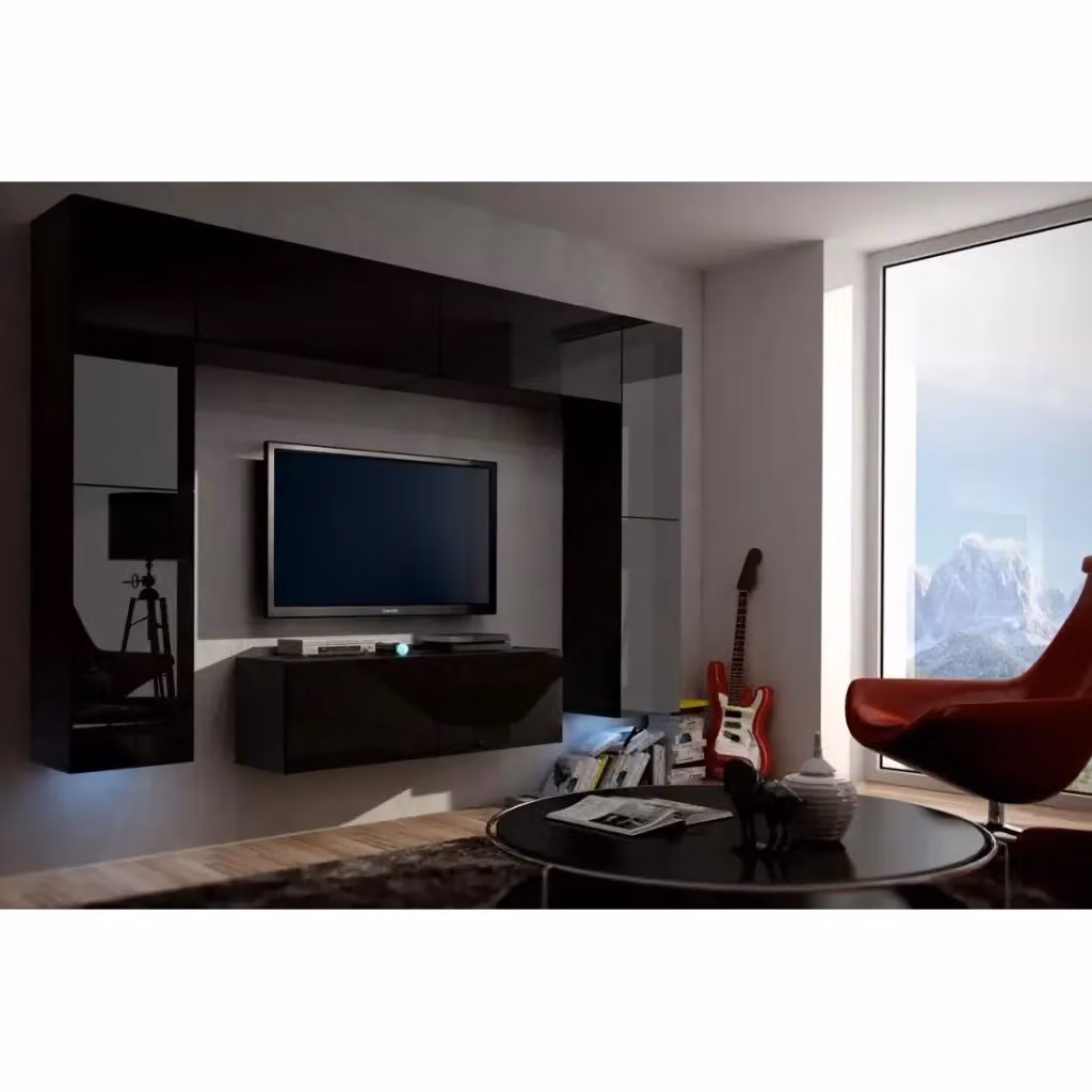 Set di mobili da soggiorno sospesi Meublorama collezione CEPTO III nero, modulabile con 8 porte, 8 scaffali e illuminazione LED integrata, L: 256 cm – 2