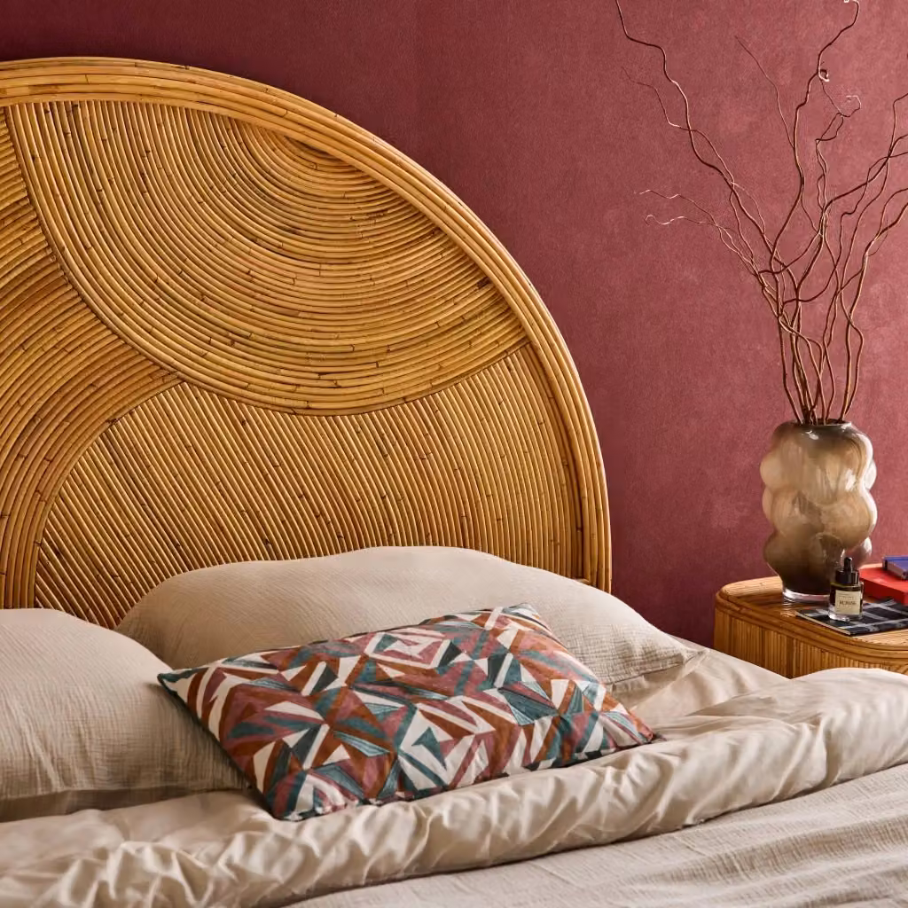 Testiera boho in rattan naturale e legno massello Sweeek, colore marrone naturale, L: 160 cm, H: 130 cm, P: 11 cm – 2