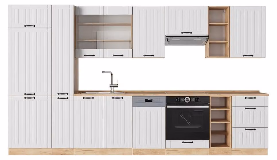 Cucina componibile Vicco Fame-Line Bianco rustico 355 cm , PL Rovere, Model 56815