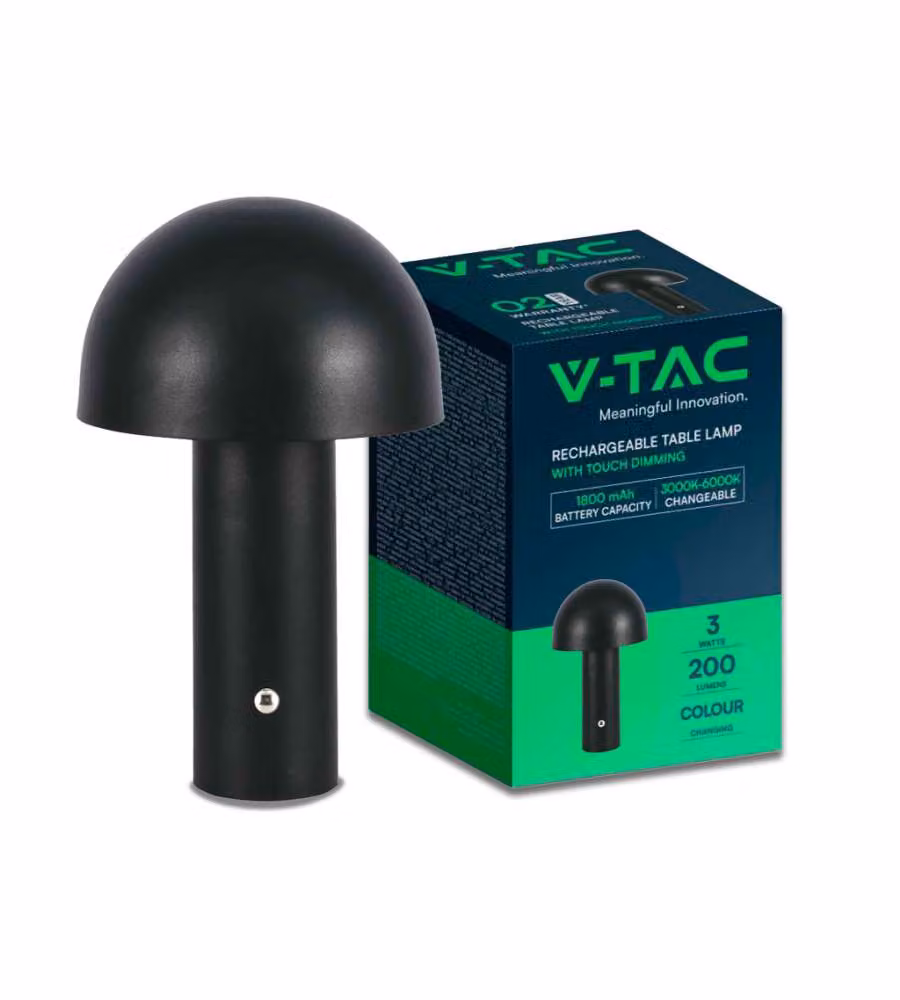 V-TAC Lampada LED da Tavolo 3W in Metallo Nero con Batteria Ricaricabile, Touch Dimmerabile e Design Moderno