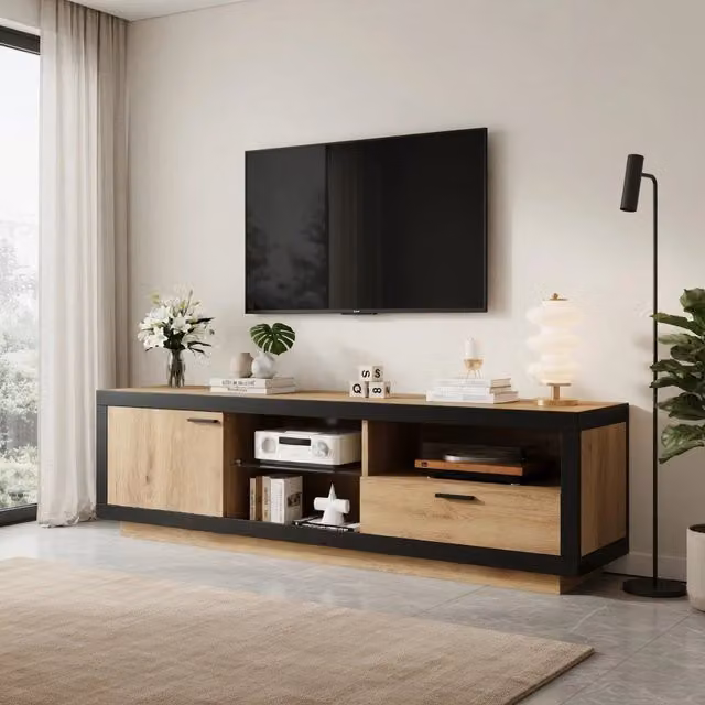 Cassettiera TV KOMHTOM moderna in nero e legno con illuminazione integrata L/P/H: 160 x 40 x 50 cm