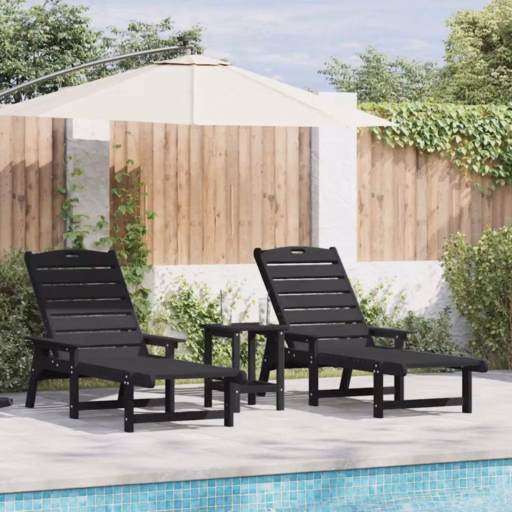 Set di 2 lettini da sole vidaXL in polietilene nero con poggiatesta regolabile per giardino e terrazza