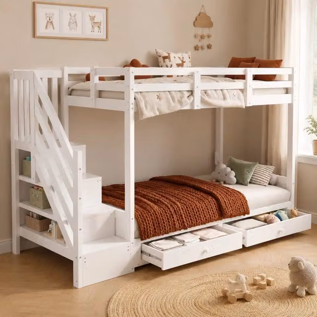 Letto a castello multifunzione 90x200 cm in legno massello e MDF; bianco; con scala contenitore e cassetti