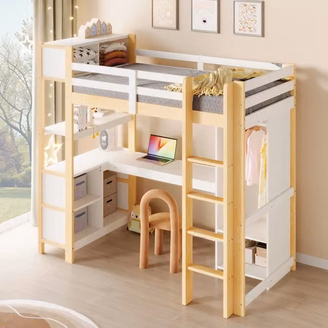Letto a soppalco 90x200 cm con scrivania; scaffali e armadio in pino