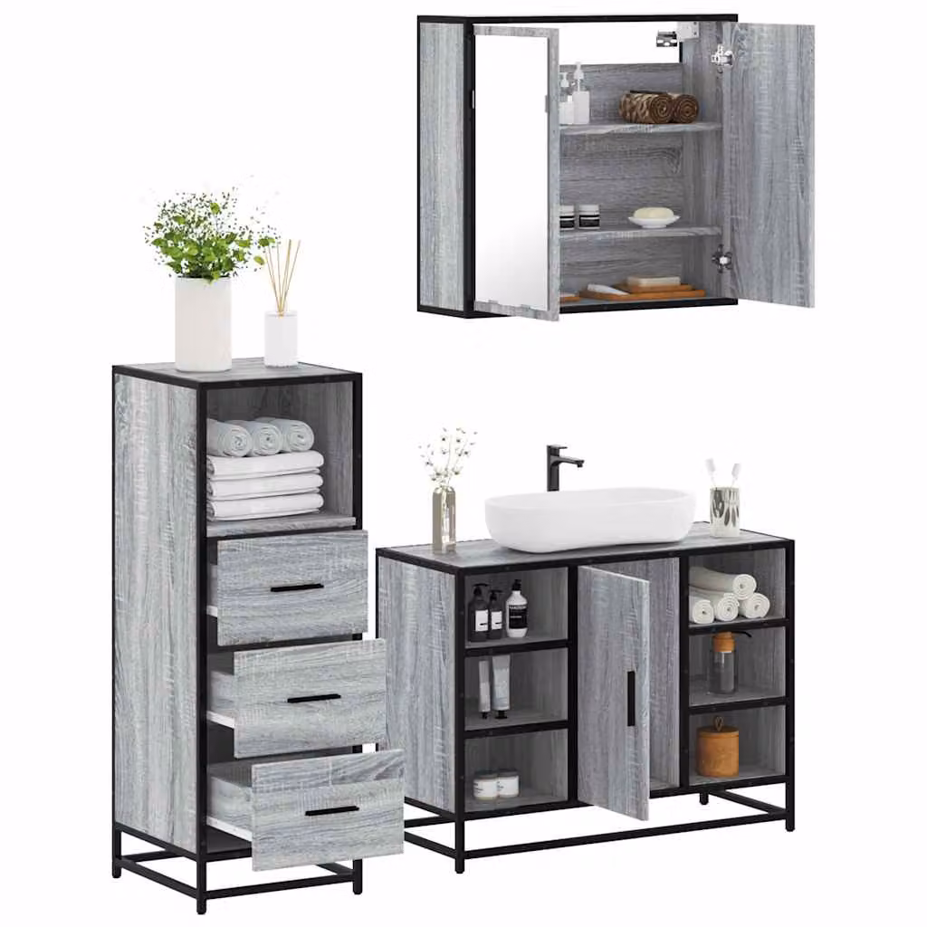 Set di mobili da bagno vidaXL 3 pezzi in stile industriale grigio con specchio, mobile lavabo e mobiletto laterale in legno e metallo