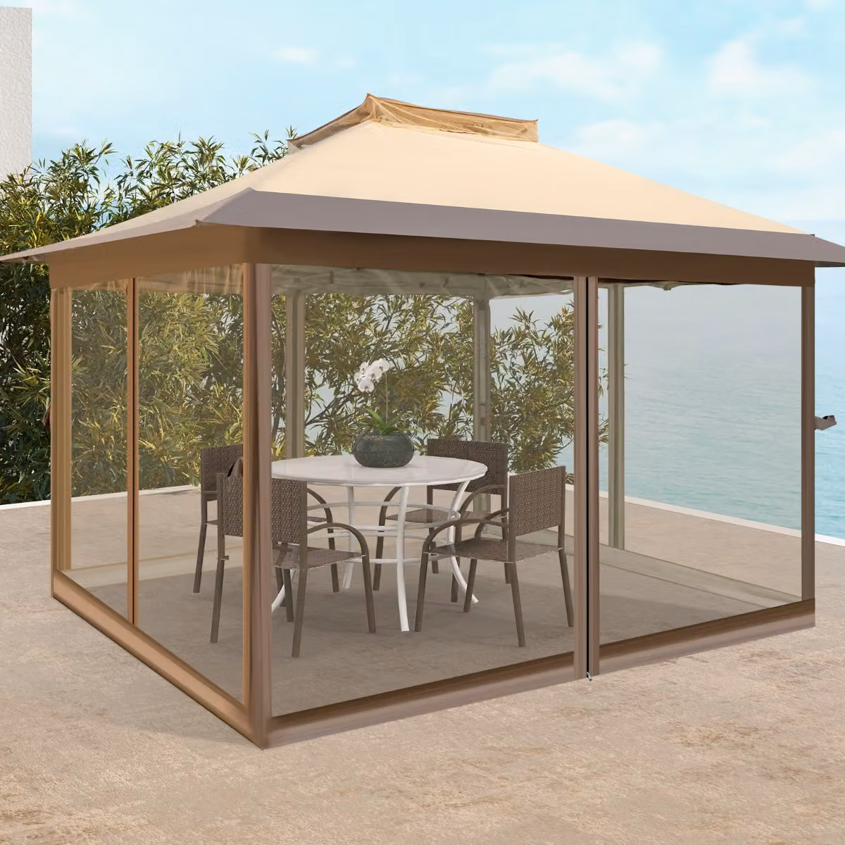 Gazebo pop-up istantaneo Costway con rete laterale a 4 lati e cima ventilata, Marrone, 358x358 cm