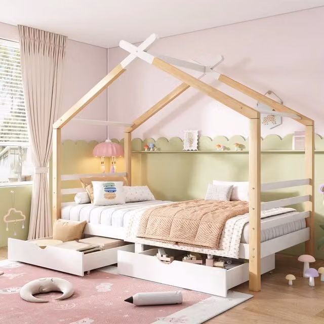 Letto a casetta in legno di pino con 2 cassetti e doghe; bianco e legno; 90x200 cm; senza materasso