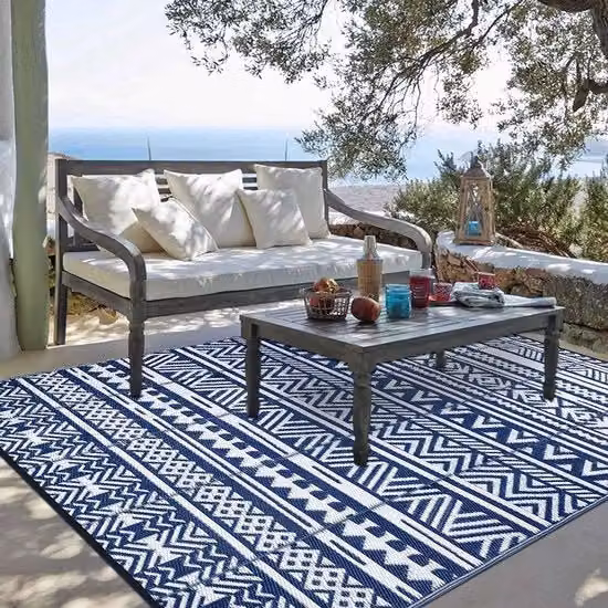 Tappeto da esterno Enyhom Kilim stile mediterraneo blu, reversibile e resistente ai raggi UV in polipropilene