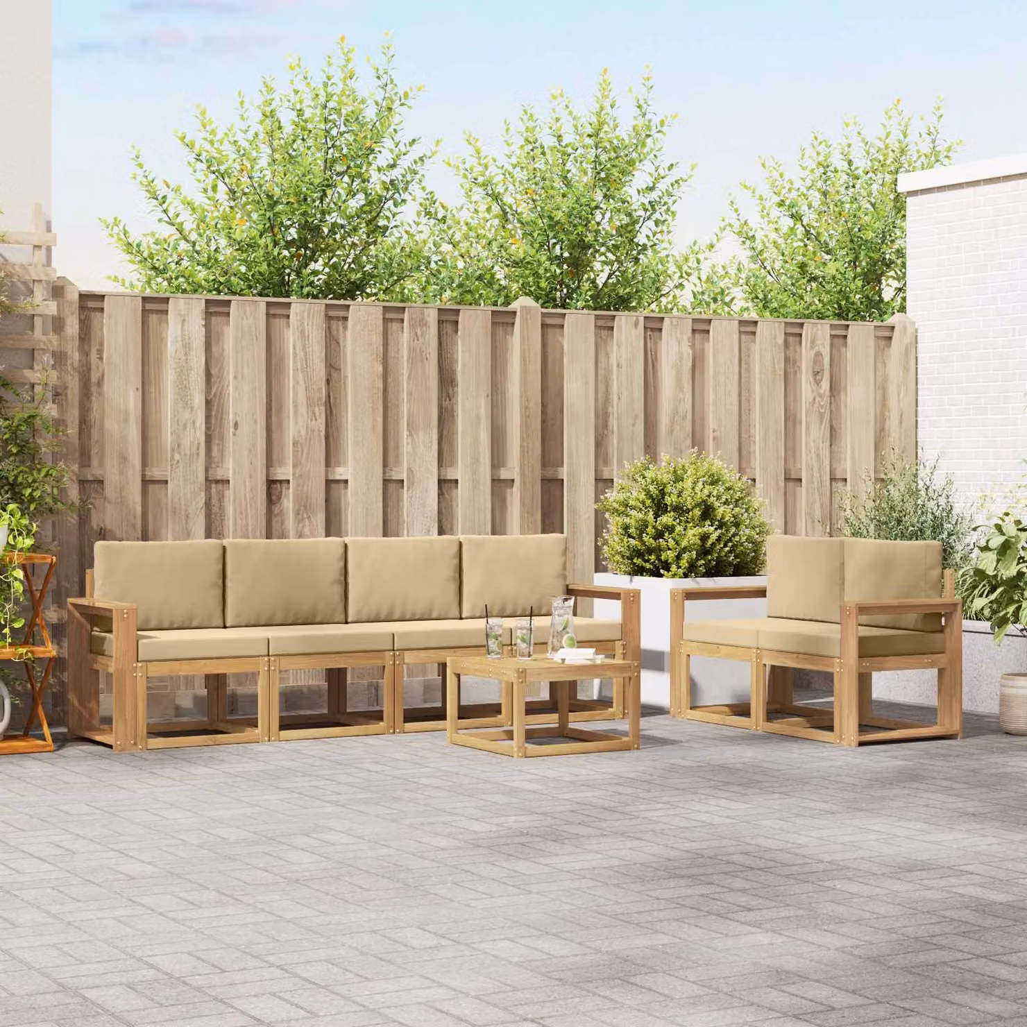 Set di divani da esterno vidaXL 7 pezzi in legno di acacia con cuscini Bianco e Beige