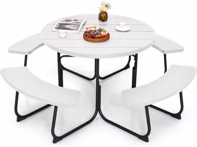 Set Tavolo da Picnic Rotondo Costway con 8 Posti e 4 Panche, in Metallo e Plastica, Bianco – 1