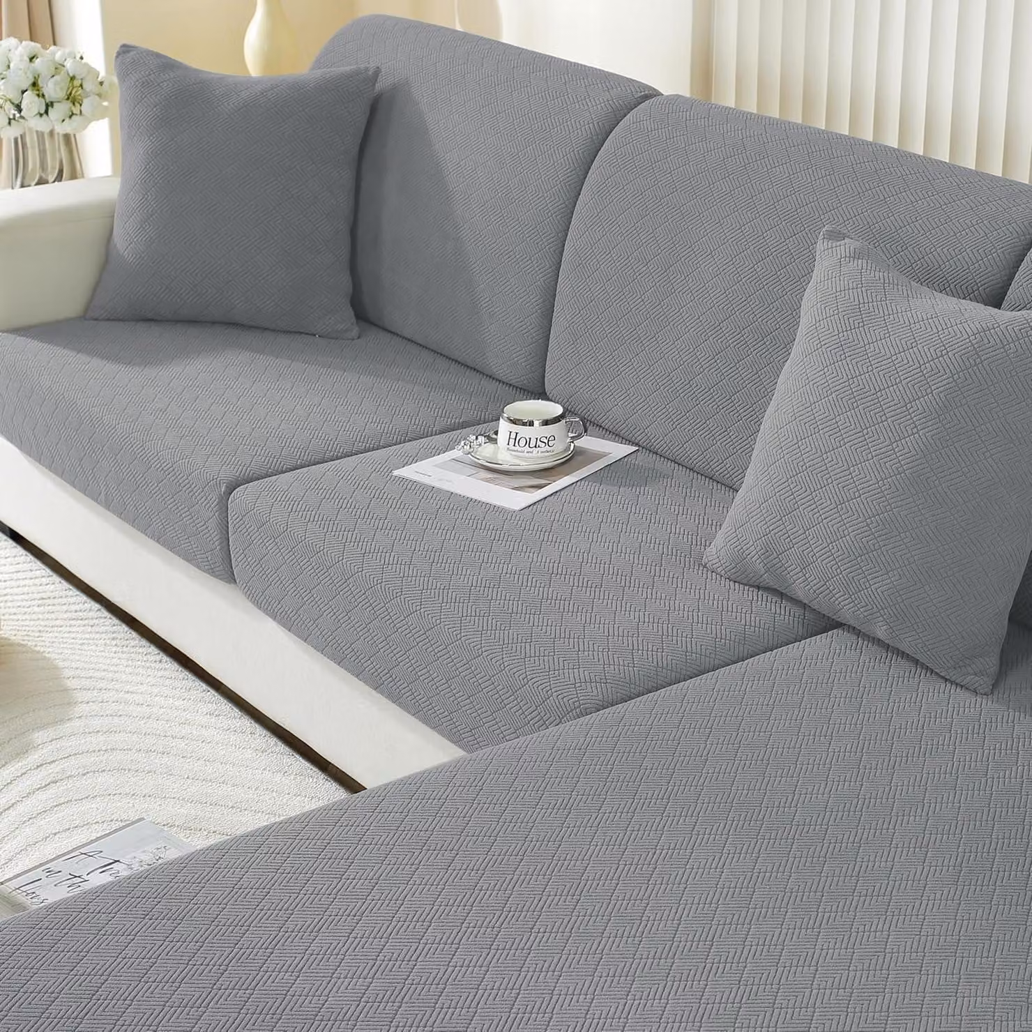 Copertura elastica per cuscini da seduta, effetto stretch, antiscivolo, lavabile, color grigio chiaro, adatta per 1 posto a sedere, 3 posti e divano angolare