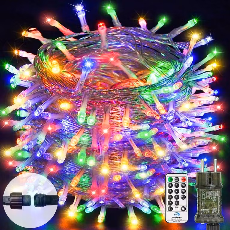 Catena luminosa da 30 metri, con 300 LED, multicolore, con telecomando