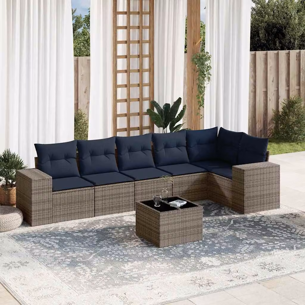 Set di divani da giardino vidaXL in 7 pezzi in polyrattan grigio con cuscini e tavolino da esterno