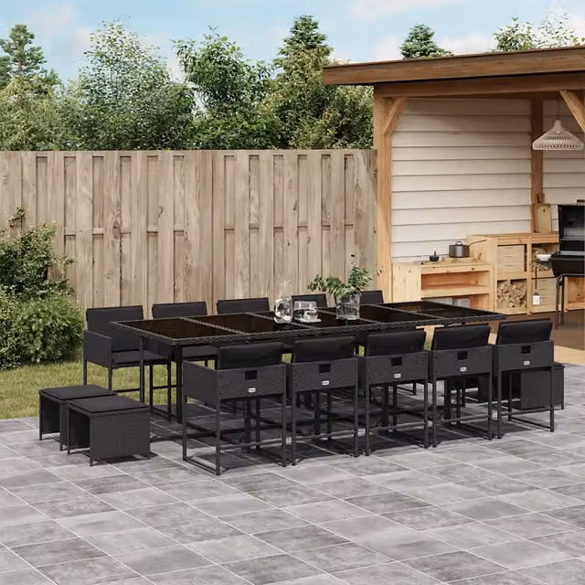 Set da Pranzo da Giardino 15 pz con Cuscini Nero in Polyrattan 3211351