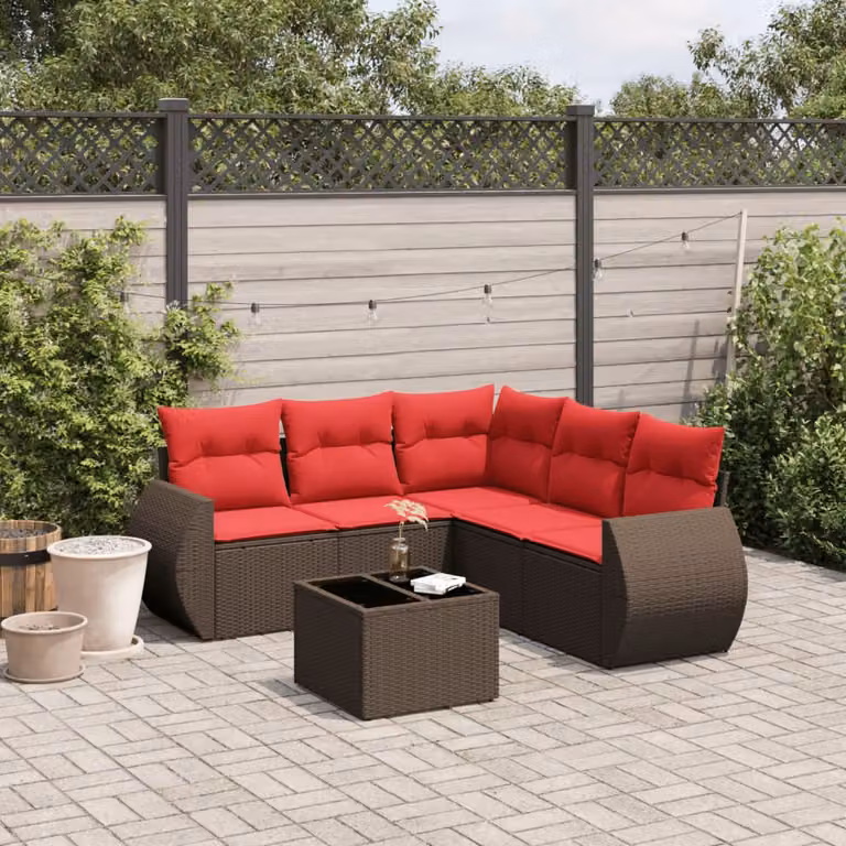 Set Divani da Giardino vidaXL 6 pz in Polyrattan Marrone con Cuscini e Tavolino da Esterno