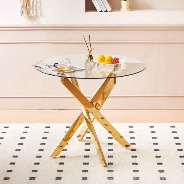 Tavolo Rotondo da Cucina con Piano in Vetro Temperato ¨C MINIMAL ¨C Gambe in Metallo Dorato, 80x80x75
