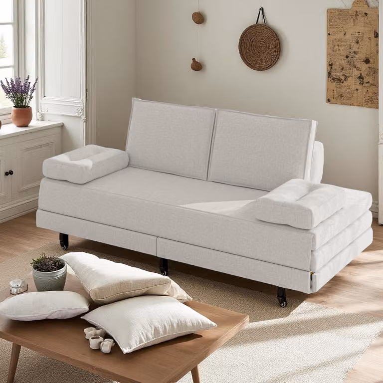 Divano letto in tessuto bianco 90x200 cm, estensibile a 180x200 cm, pieghevole e pratico per risparmiare spazio