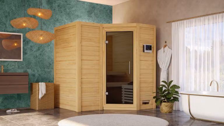 Sauna Sahib 1: senza luminosa sul tetto: 9 kW, stufa finlandese + centralina Easy Finn. Stufa: Graphite, porta in vetro intero, senza luminosa sul tetto. Stufa: 9 kW, stufa finlandese + centralina Easy Finn. Porta della sauna: Porta in vetro intero, color