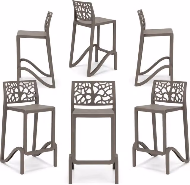 Set 6 sgabelli in polipropilene TETI altezza seduta 75cm, impilabile, idrorepellente, resistente ai raggi UV, design moderno e innovativo, ideale per la cucina, la veranda o giardino colore Tortora