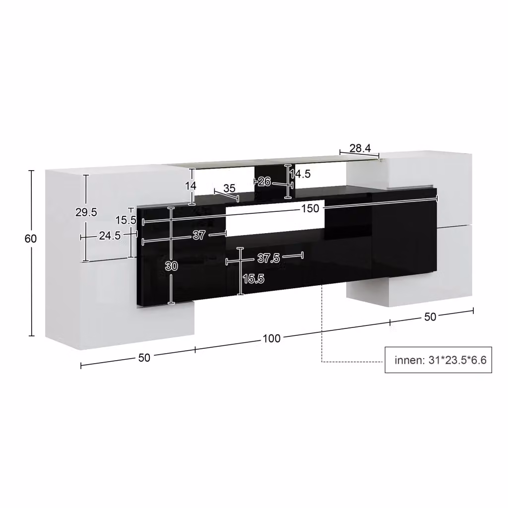 Mobile TV REDOM Moderno Bianco e Nero Lucido con Illuminazione LED, 6 Ante e 2 Cassetti, L: 200 cm, P: 35 cm, H: 60 cm – 2
