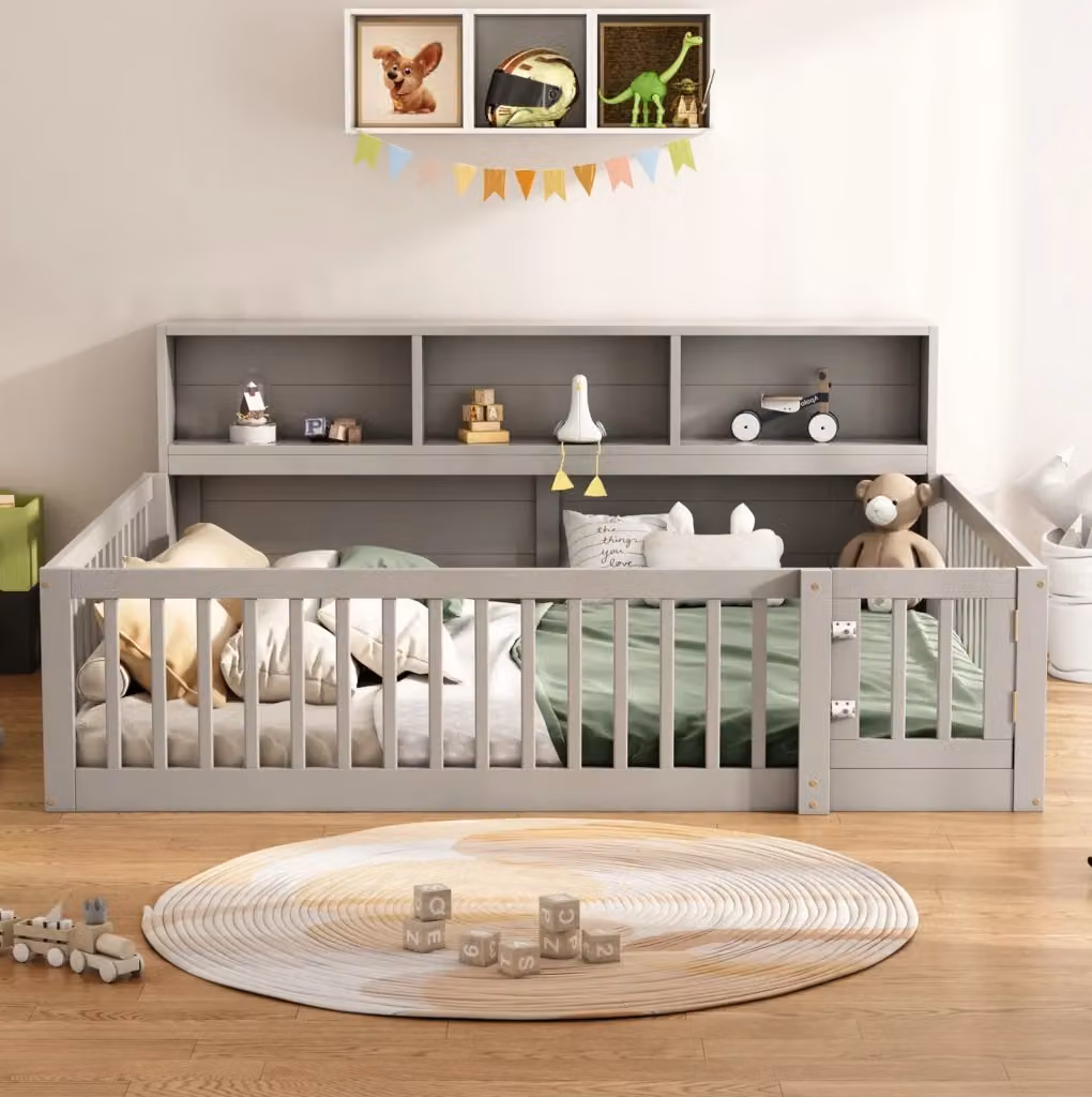 Letto moderno grigio con ripiani laterali e struttura in legno e tessuto L/P/H: 205 x 140 x 87 cm – 2