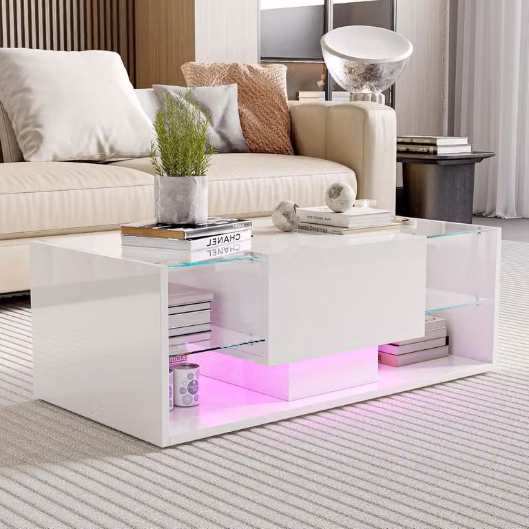 Tavolino da salotto - Tavolino per il soggiorno - Tavolino da caffè - Tavolino con spazio contenitivo - Tavolino da salotto LED bianco - 100x50x35 cm