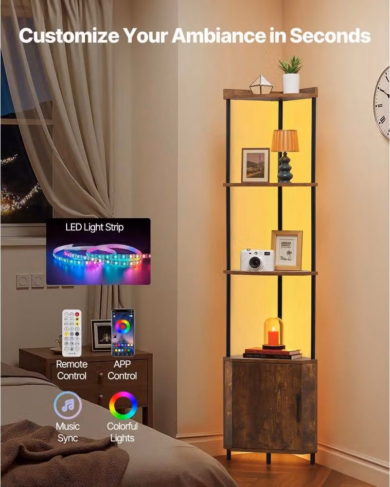 Scaffale angolare con 5 livelli e luce LED - Supporto angolare con porte e struttura in metallo - Scaffale espositivo Scaffale di stoccaggio con ripiani in legno - Scaffale in piedi Scaffale espositivo per camera da letto Soggiorno Ufficio - Marrone