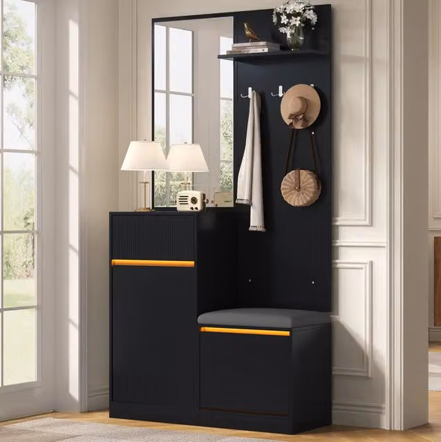 Garderoba da ingresso con scarpiera; specchio; panca e LED; 105x38x190 cm; nero