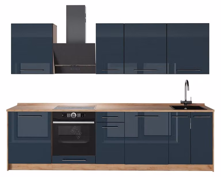Cucina componibile Vicco Fame-Line Blu scuro lucido/Rovere dorato 280 cm, PL Rovere, Model 65740