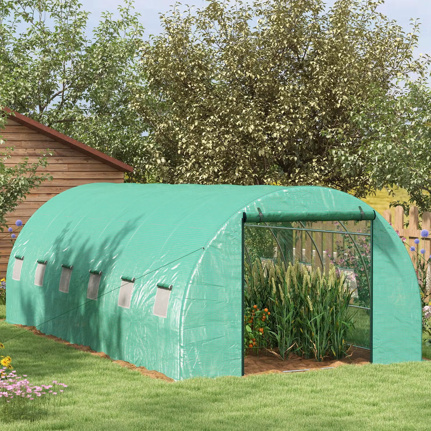 Outsunny Serra a Tunnel Verde con Sistema di Irrigazione Integrato, 12 Finestre con Rete e 1 Porta Avvolgibile, L: 6 m, P: 3 m, H: 2 m – 2