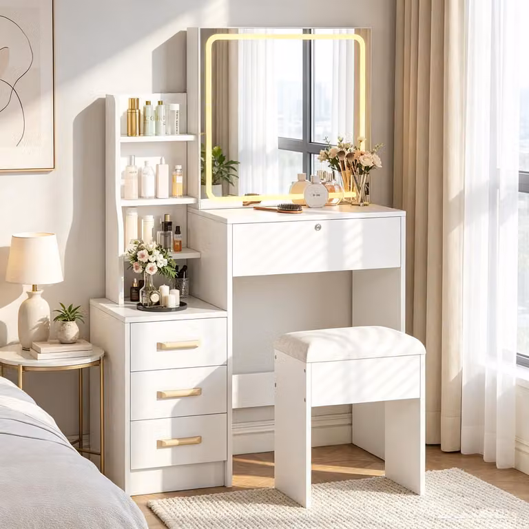 INONEFT, tavolino da trucco bianco, con specchio e sgabello, comò da parrucco con illuminazione a LED, tavolino da parrucco con 4 cassetti.