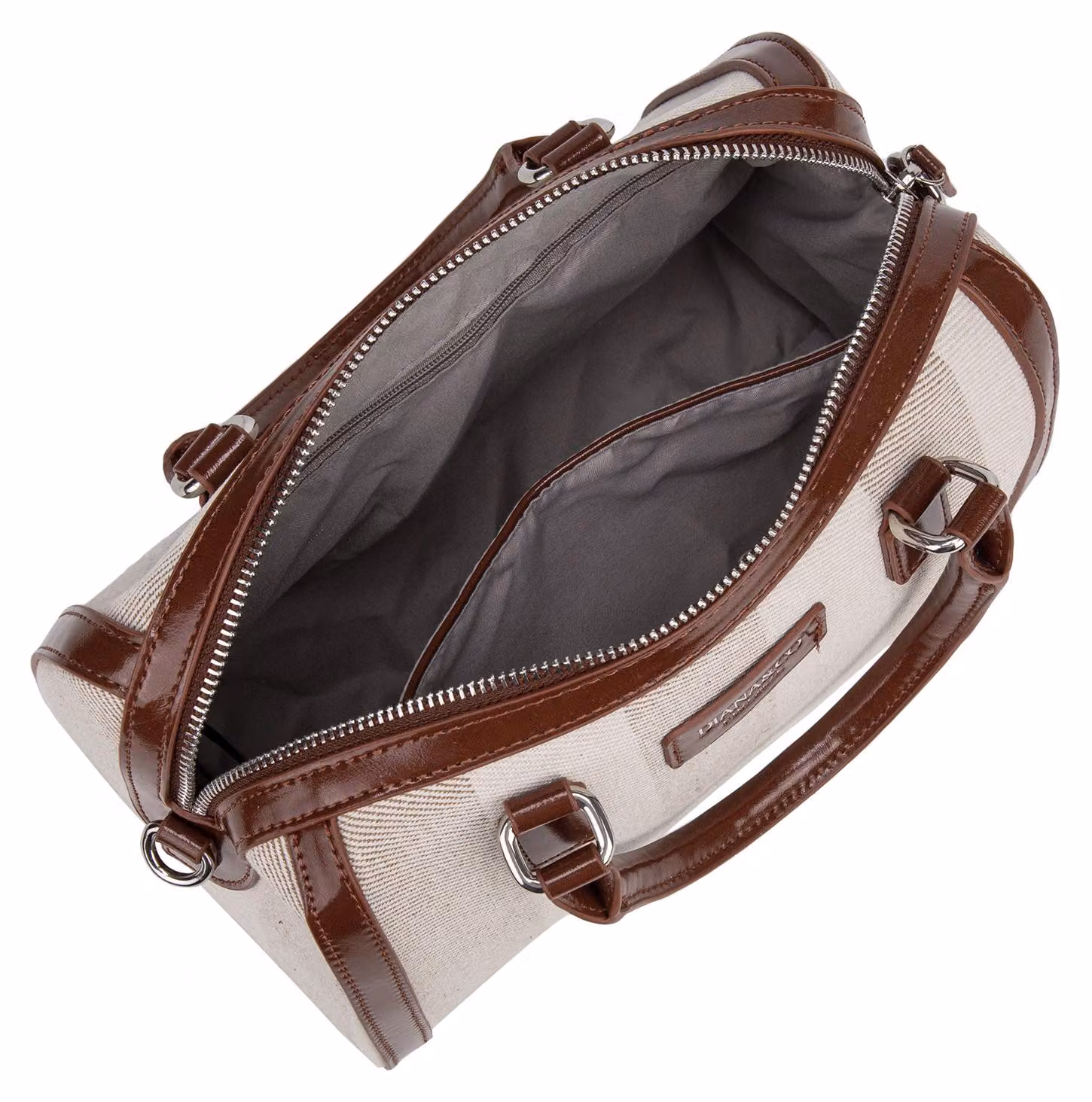 Borsa da donna con zip, motivo a righe bicolor, in ecopelle, con manici, dimensioni 25x20 cm